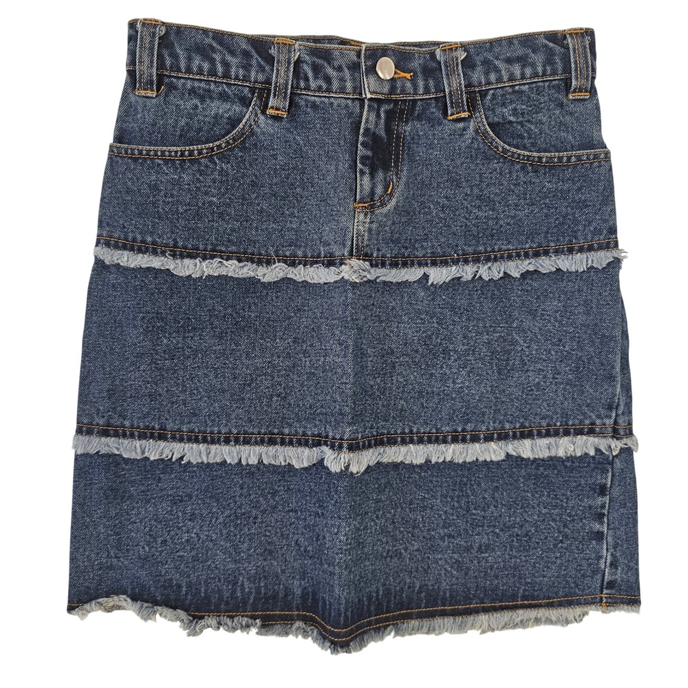 Vintage Dark Wash Tiered Denim Mini Skirt Frayed Raw Hem Size 30 Cotton